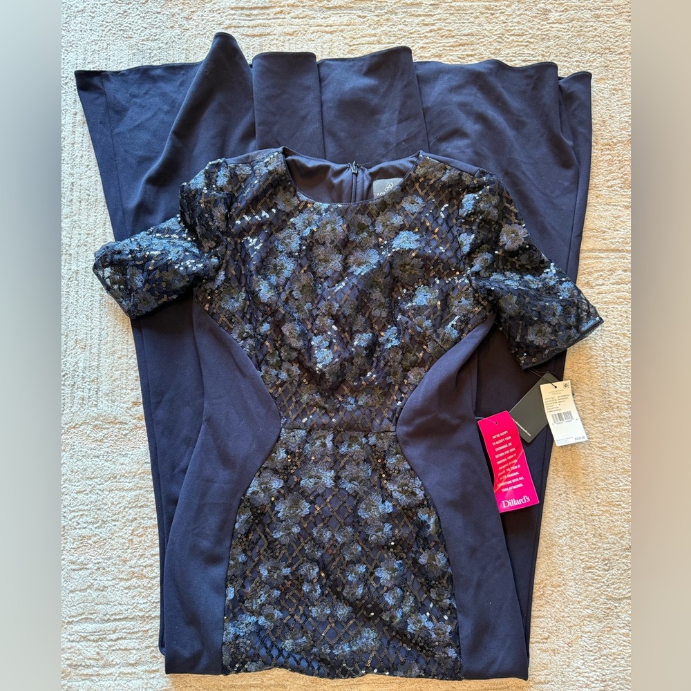 Adrianna Papell Elegant Navy Blue Floral Dress